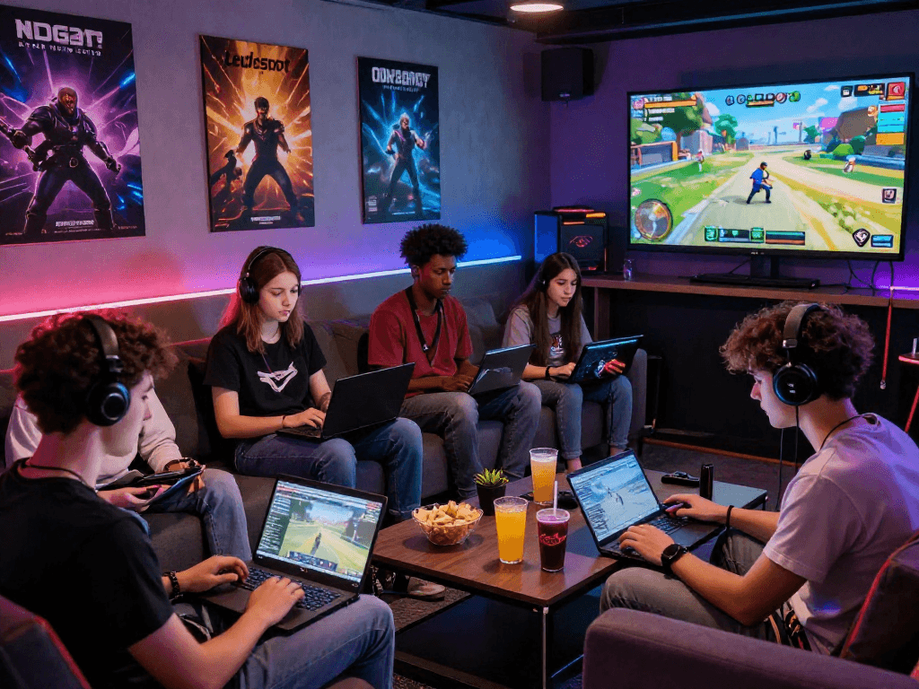 Engaging gaming lounge scene showcasing diverse players enjoying online porn games in a vibrant atmosphere with colorful decor.
