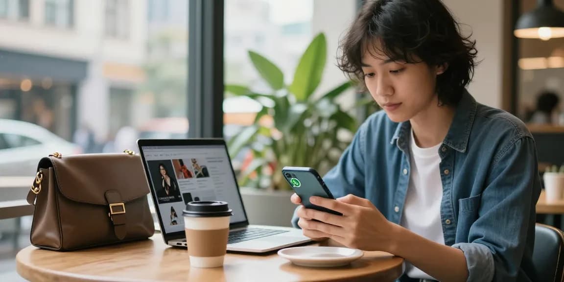 Person using smartphone to WhatsApp下載 in urban café with coffee and laptop.
