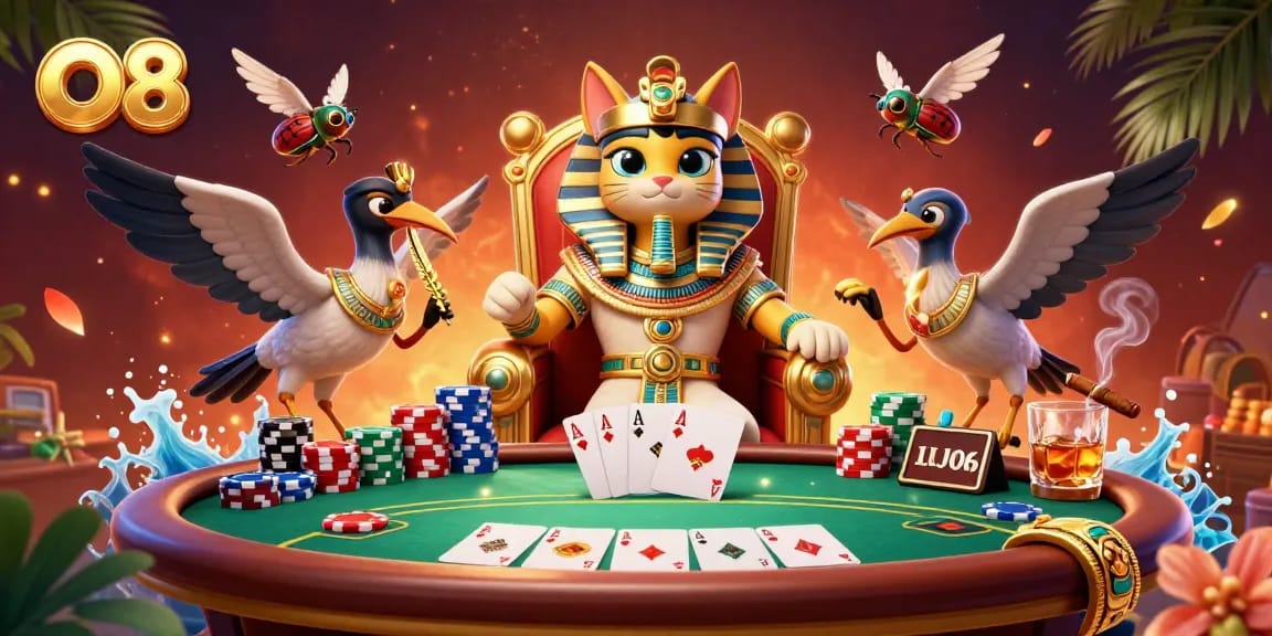 Experience O8's vibrant casino scene featuring an Egyptian pharaoh cat and poker elements enhancing your winning strategy.