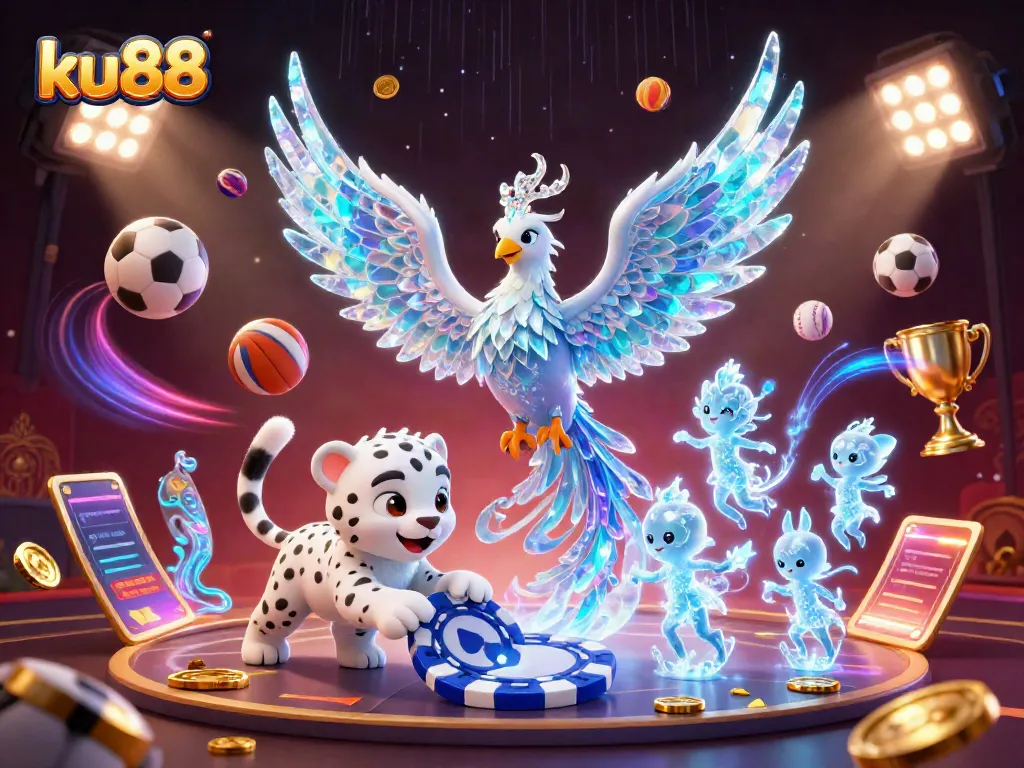 ku88's captivating gaming universe featuring an ice phoenix, sports elements, and poker excitement.
