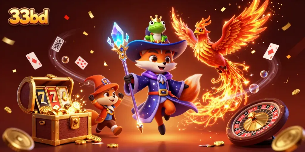 Engage with 33bd's exciting casino world featuring slots, wizards, and a phoenix amidst treasures.