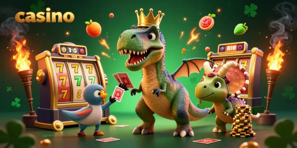 Friendly T-Rex and pterodactyl celebrate casino wins with golden chips and slot symbols.