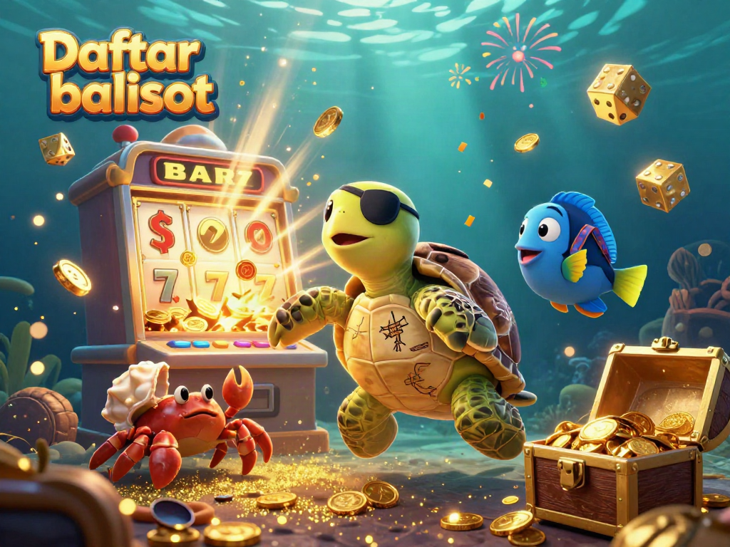 Engaging illustration of Daftar balisot showcasing a pirate turtle, golden crab, and treasure amidst slots and vibrant gambling symbols.