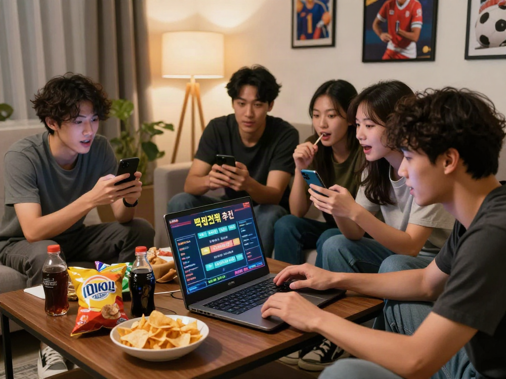Friends discussing 먹튀검증 추천 먹튀스팟 in a cozy living room setting, sharing gambling strategies.