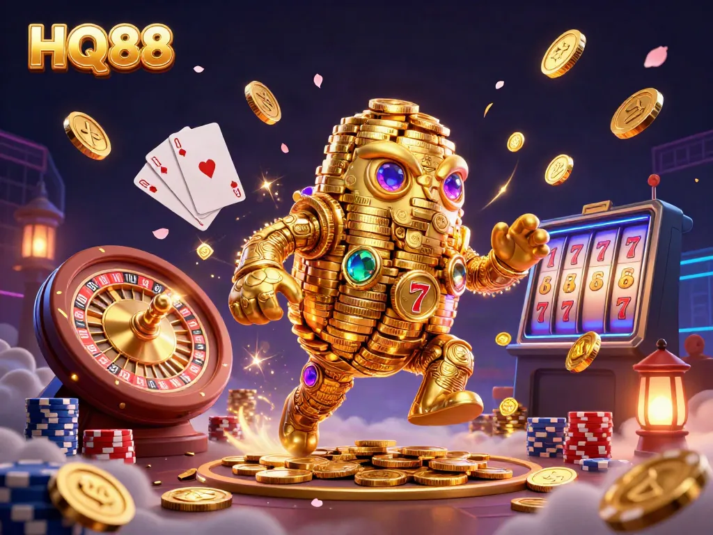 Engage with the exciting HQ88 casino experience featuring a golden golem surrounded by vibrant gaming elements.