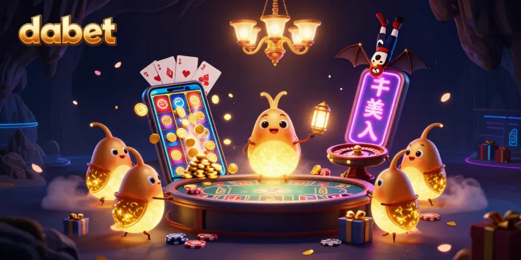 dabet shines in a vibrant casino scene, featuring glowworms and a bat dealer, showcasing thrilling gaming action.