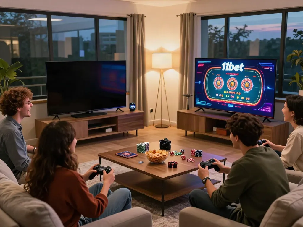 Friends enjoying 11bet gaming night in a cozy living room.