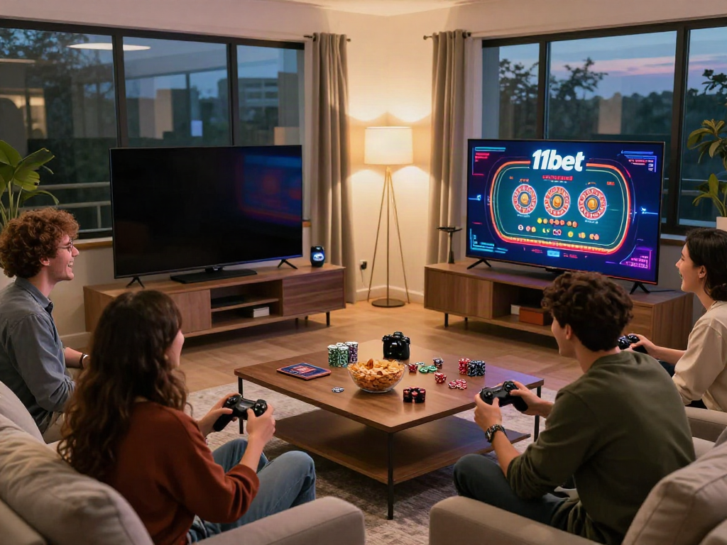 Friends enjoying 11bet gaming night in a cozy living room.