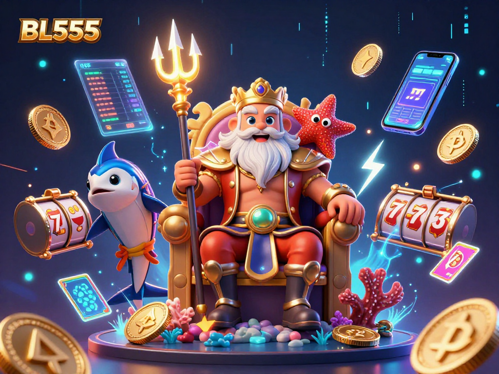 BL555 showcases Neptune king with crypto elements and slot symbols for exciting betting action