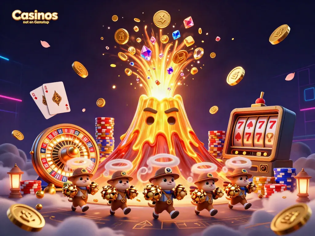 Experience the thrill of Casinos not on Gamstop with vibrant gold coins and treasures in a dynamic scene.