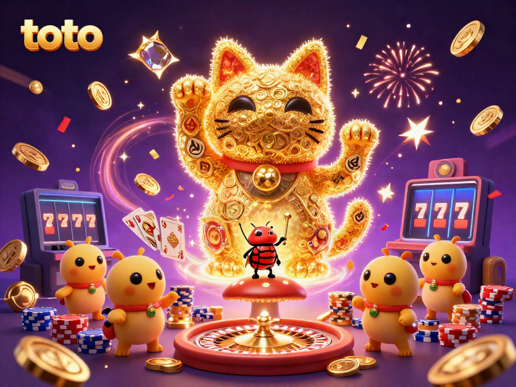 Toto-themed illustration showcasing a lucky cat with casino symbols, vibrant with coins and cards.