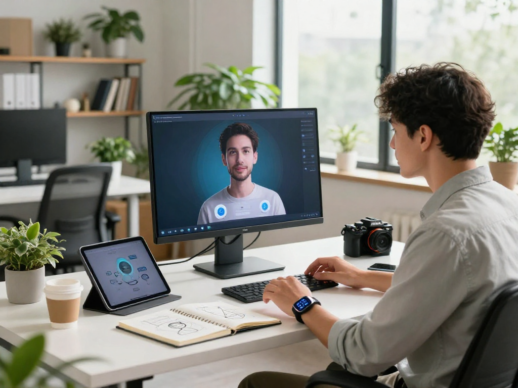 AI girlfriend interaction scene in a modern workspace with technology and cozy atmosphere.