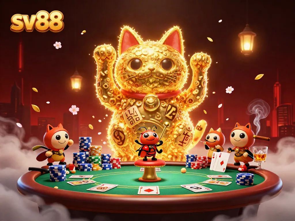 Experience the vibrant casino world of sv88 with a dynamic lucky cat and gaming elements.