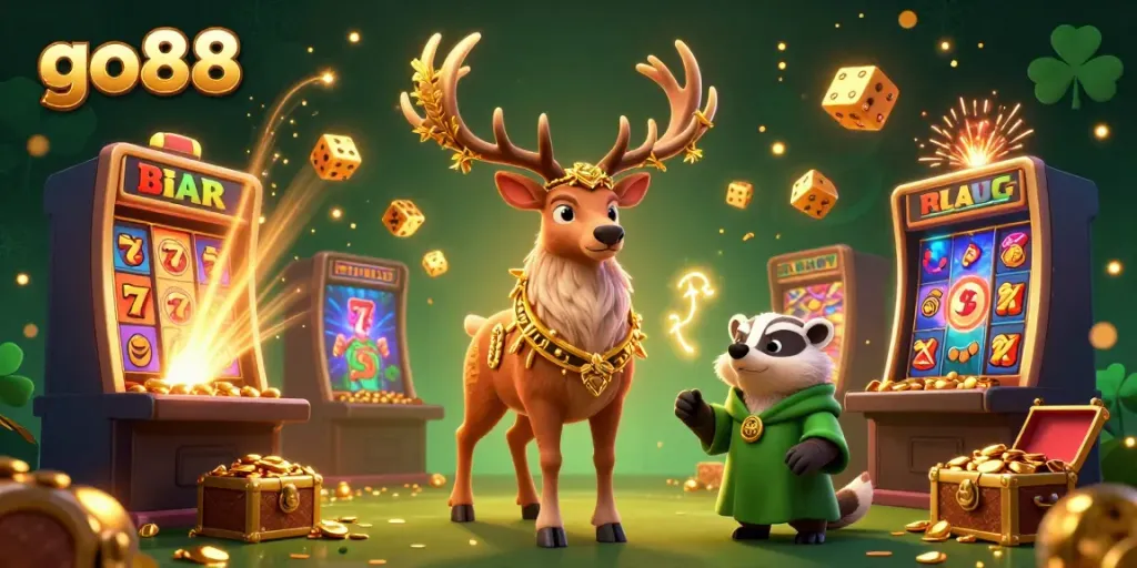 Experience the vibrant world of go88 with cartoon characters and dynamic casino elements in this lively illustration.
