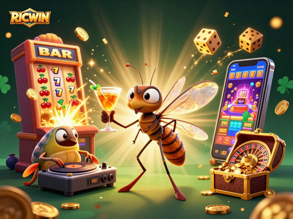 Experience RICWIN with a vibrant 3D casino-themed illustration showcasing a lively scene with a mascot and gaming elements.