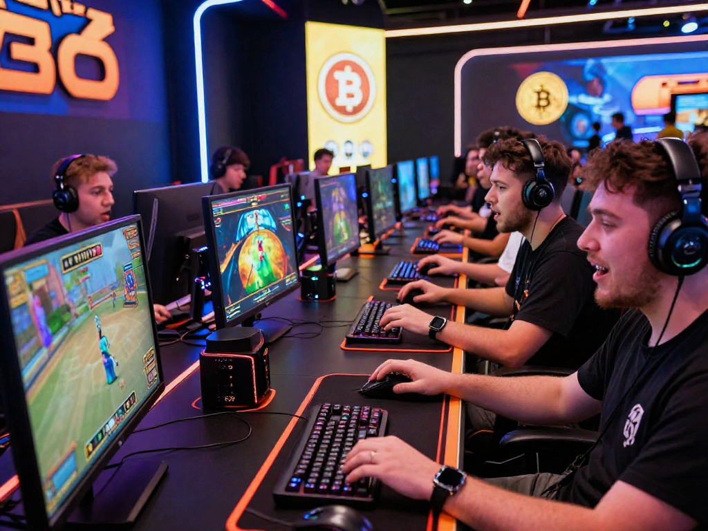 Exciting gameplay at a crypto casino with diverse players immersed in action on multiple screens, showcasing vibrant graphics and digital currency elements.