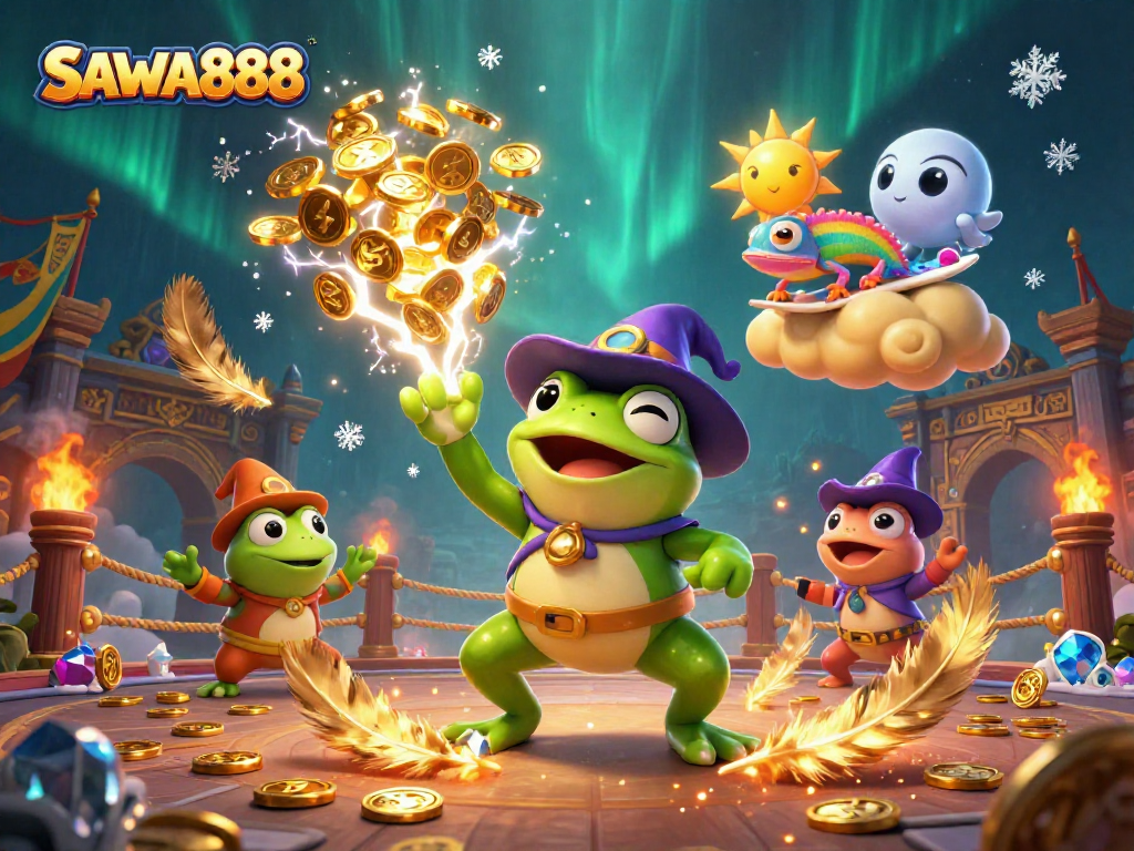 SAWA888 captures a vibrant, dynamic scene with a wizard frog and a chameleon while creating a storm of golden coins.