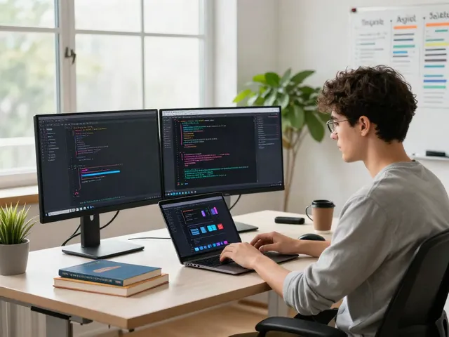 Developer engaging in coding and app design at a modern tech workspace, click for source.