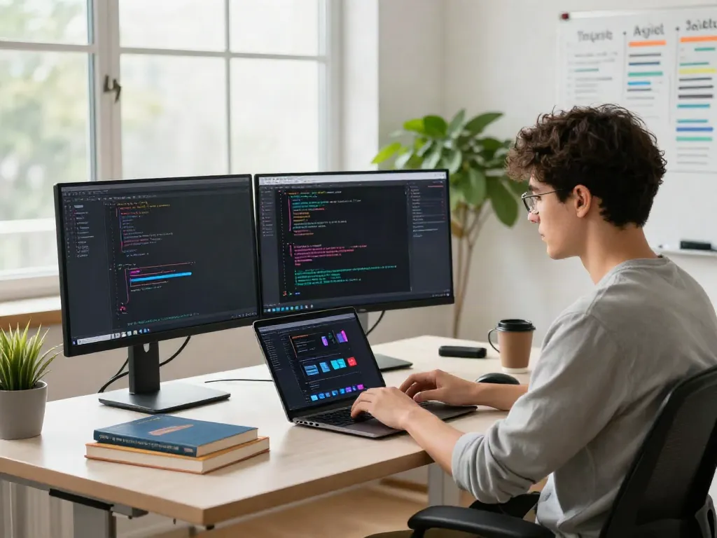 Developer engaging in coding and app design at a modern tech workspace, click for source.