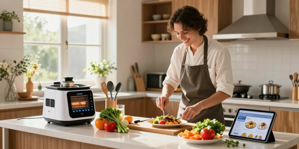 Cheerful chef using AI cooking gadgets in a cozy home kitchen to create a healthy dish