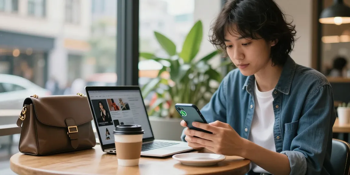 Person using smartphone to WhatsApp下載 in urban café with coffee and laptop.
