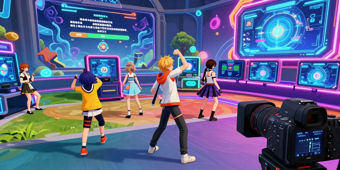 Vibrant ecchi simulator scene with anime character in interactive gaming environment.