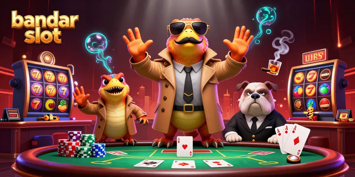 Players engage with a bandar slot, surrounded by vibrant slot reels and poker elements in a lively casino scene.