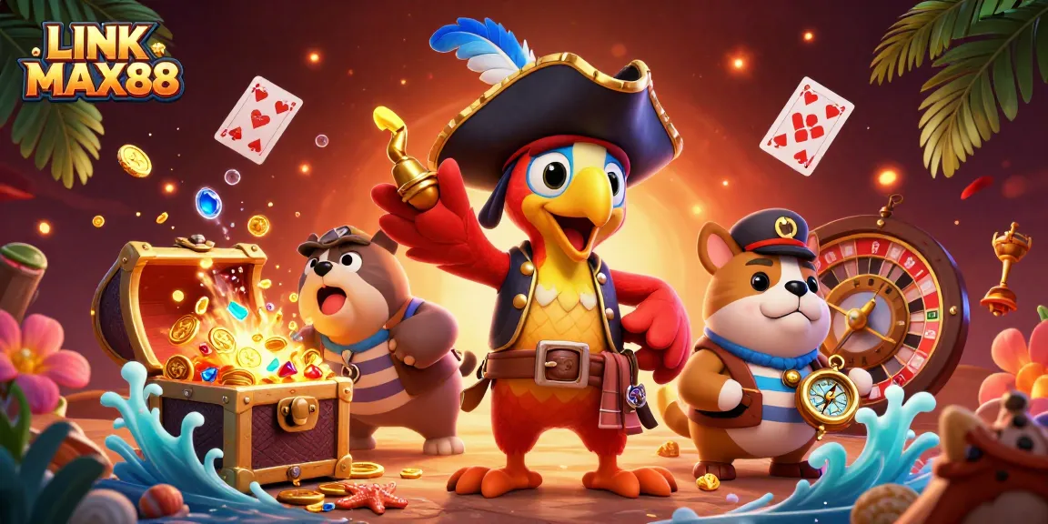 Engage with LINK MAX88 in this vibrant 3D casino scene featuring pirate-themed characters and casino elements.