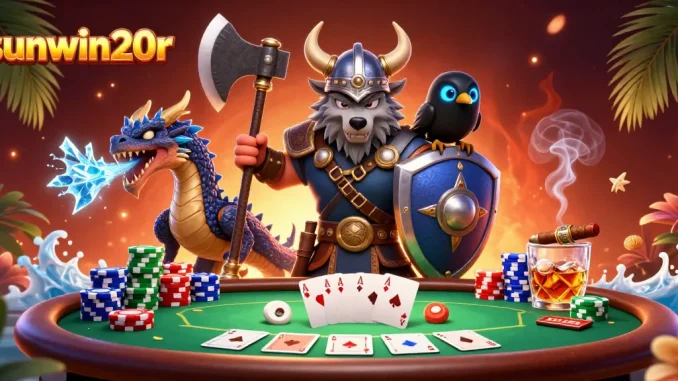 Sunwin20r thrilling poker scene with a Viking wolf, ice dragon, and vibrant gaming elements.