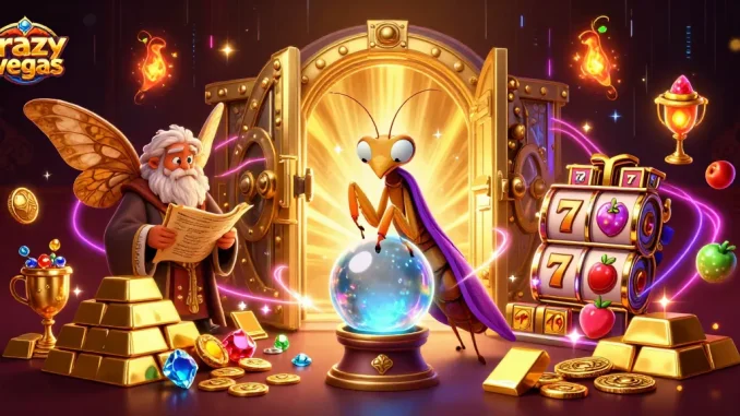 Experience the magic of crazyvegas with a fortune teller and moth librarian amidst riches.