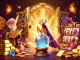 Experience the magic of crazyvegas with a fortune teller and moth librarian amidst riches.