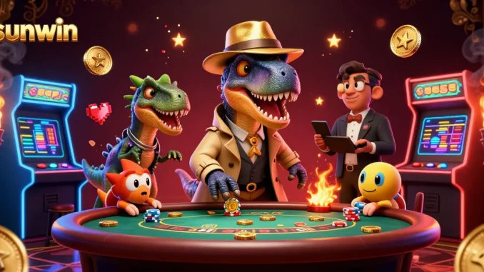 Sunwin captivates players with a cartoon velociraptor card counter sneaking chips at a blackjack table.