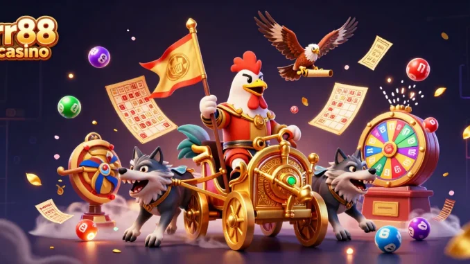Experience the excitement of rr88 casino with a colorful, high-energy scene featuring engaging gaming elements and characters.