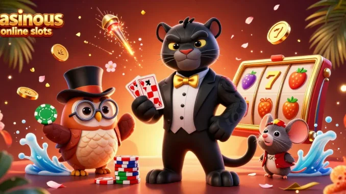 Engage with casinous online slots featuring a stylish black panther dealer surrounded by dynamic casino elements.