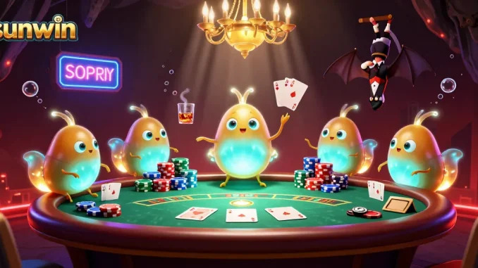 Experience an exciting night at Sunwin casino with glowing characters and vibrant poker action