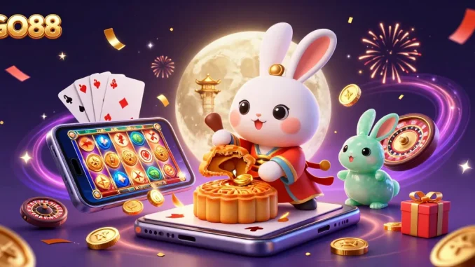 Experience the thrill of GO88 with vibrant casino elements and whimsical characters celebrating on the moon.