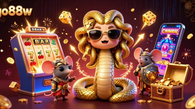 Experience the excitement of go88w with golden jackpots, Medusa, and a warrior mouse amidst thrilling casino action.