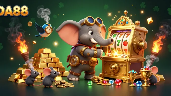 Engage with DA88's steampunk-themed slot machine, featuring gold treasures and animated characters.