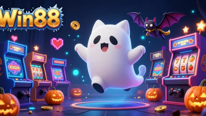 Experience the enchantment of Win88 with a friendly ghost cat and vibrant casino elements.