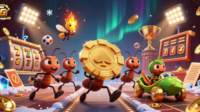 Experience the excitement of truycapgo88 as ants perform a daring heist with oversized poker chips in a whimsical setting.
