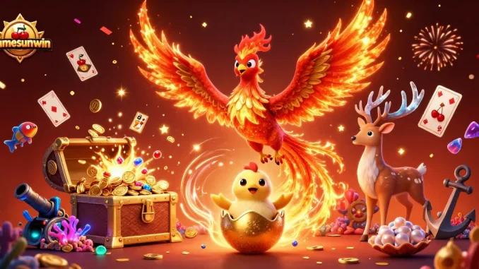 Experience gamesunwin's thrilling casino adventure with a majestic phoenix and dynamic elements.